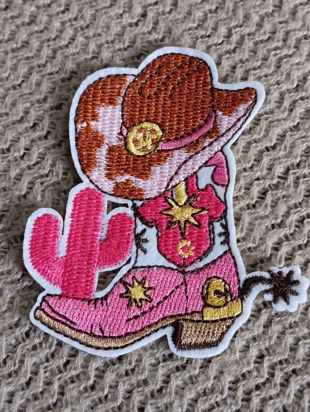 Girly Pink Cowgirl Boot, Hat, & Cactus Embroidered Iron On Western Patch